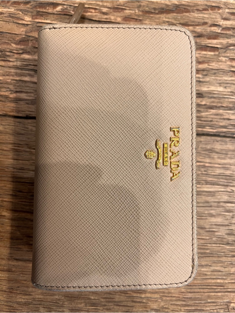 Prada beige/gold saffiano zip wallet with gold logo